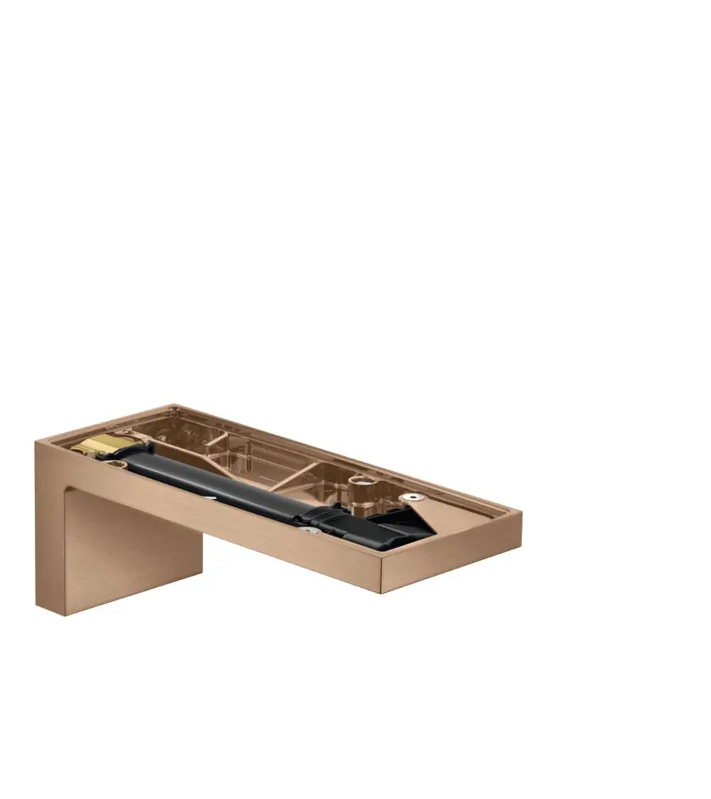 AXOR Einlauf mit minimalistischem Design in gebürstetem Rotgold, platziert auf einer rechteckigen Basis. Sichtbarer Wasserzulauf durch eine schwarze Öffnung.